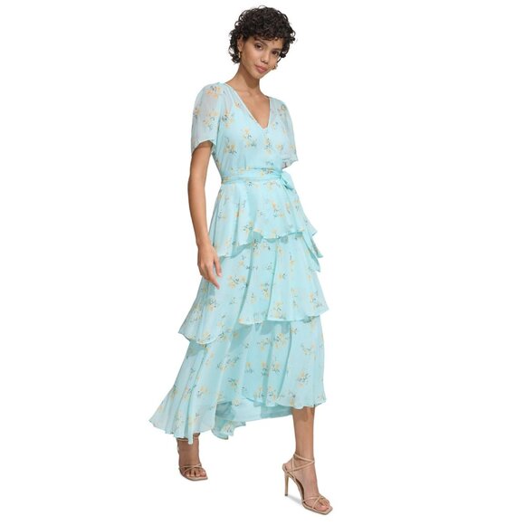 Calvin Klein Tiered Chiffon Midi Dress in Aqua Floral Boho Feminine Women's 12 - Picture 10 of 10